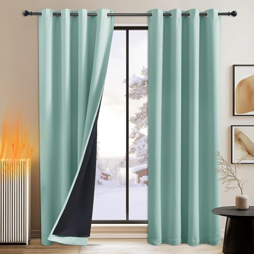 PONY DANCE Dicke Vorhänge Kälteschutz Blickdicht Grün Ösenschal 2er Set H 245 x B 140 cm Sommergrün, Doppellagiger und Dicker Thermogardine Schwerer Vorhang 100% Verdunklungsgardine