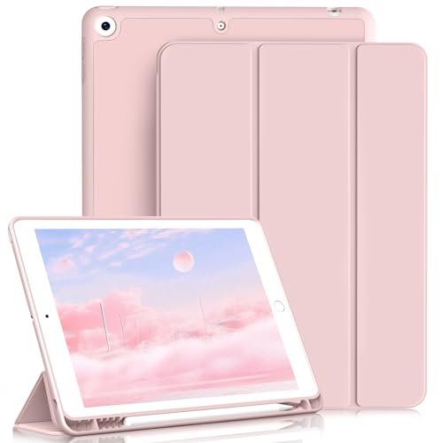 ZKTUYU Hülle für iPad 9./8./7. Generation mit Stifthalter ipad 9 Generation hülle 10.2 Zoll Modell 2021/2020 / 2019, für iPad 10.2 Zoll, Ultradünne Schutzhülle aus TPU mit Standfunktion, Rosa