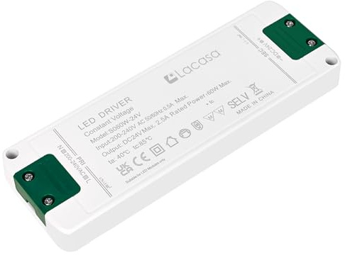 Lacasa Transformador 24V, 60W Fuente de Alimentación AC 220V a DC 24V 2.5A Voltaje Constante LED Driver, Ultradelgado 18mm Adaptador Controlador de Bajo Voltaje para Tiras y Lámparas LED