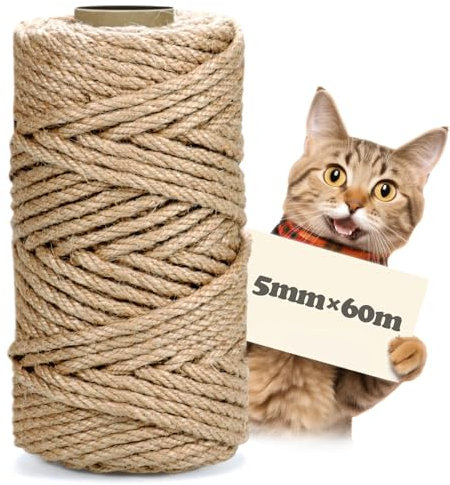 MDDK DY Corde en Sisal Naturel pour Griffoir ou Arbre à Chat - 5 mm x 60 m - Matériel Rénovation Griffer Chat