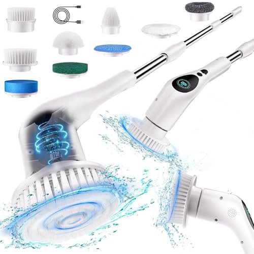 D L D Electric Spin Scrubber, cepillo de limpieza inalámbrico con brazo de extensión ajustable, 4 cabezales de limpieza intercambiables, Power Shower Scrubber para baño, bañera, azulejos, suelo blanco