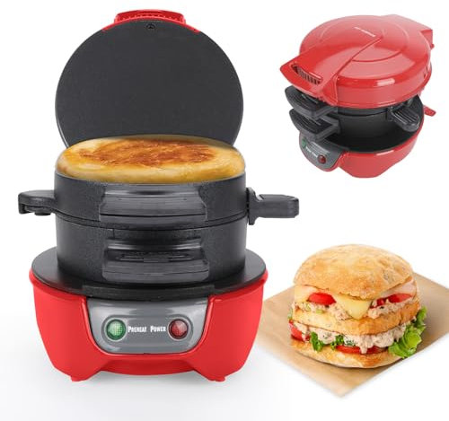 Sandwich Toaster Burger Maker mit Eierringe und Zeitschaltuhr, Effiziente Antihaft Heizplatten, Spülmaschinenfest, Perfekt für Hamburger, Snacks und ein Schnelles DIY Frühstück (Rot)