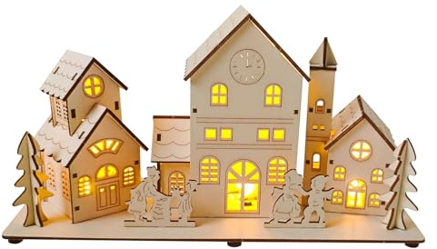 LED-upplysta julbyar i trä, hus miniatyrjulby med lampor julsemester bordsdekoration, julhängen träddekorationer (3 delar-C)