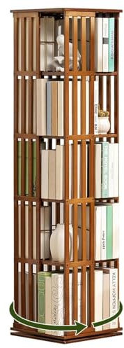LSHFYV Drehbares Bücherregal Aus Holz, Um 360 Grad Drehbares Bücherregal, Lagerregal Für Kinder Und Erwachsene, Multifunktionales Bücherregal Aus Massivholz,5Tier-Brown