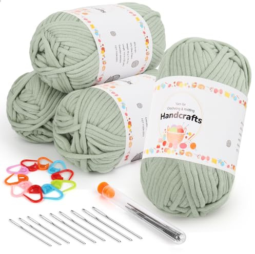 Aeelike 4X50g Dicke Wolle Baumwolle zum Stricken, Chunky Häkelwolle Yarn mit Häkelzubehör für Anfänger, Kein Geteiltes Garn zum Häkeln, Strickwolle mit gut Sichtbaren Maschen, Hellgrün
