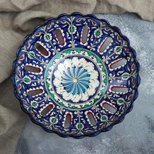Frutero de cerámica hecho a mano de 25,4 cm de diámetro, plato con diseño colorido de cerámica Rishan, plato ornamental oriental para servir uzbeko, utensilios de cocina decorativos tradicionales,