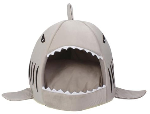 2 in 1 Katzenhöhlen Faltbar Katzenbett Hai Shark Katzenhöhle Katzenbett Flauschig, Kuschelhöhle für Katzen Kätzchen Hund, Katzenschlafplatz Katzenbett Flauschig für Drinnen (Grau, 42x42cm)