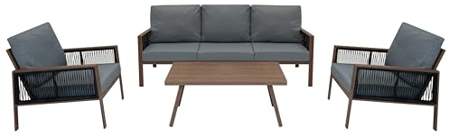 Trädgårdsmöbelset 5 PLATSER i Aluminium med Träeffekt | 4 delar: 3-sitssoffa, 2 fåtöljer och soffbord | Tvättbara Kuddar och Vattentät Fodral | Elegant och Hållbar Design för Utomhusbruk