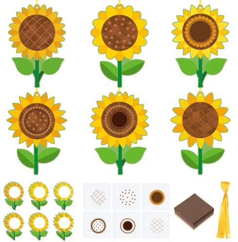 Motipuns 24 Sets Sunflower Flower Crafts Set Suncatcher Tissue Paper Crafts Kit DIY Party Decor Make Your Own Flower Hanging Ornaments for Summer Home Fun Spring Mother's Day Activities