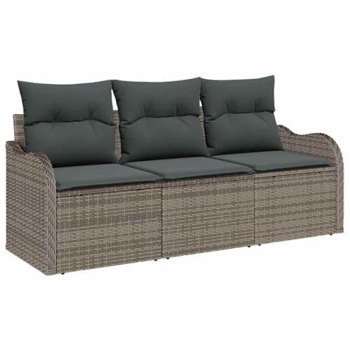 vidaXL Gartensofa-Set mit Kissen 3 pcs Grau Poly-Rattan, Outdoor Lounge- und Gartensofa-Set, modern, robust, leicht, UV-beständig, perfekt für gemütliche Terrassenabende