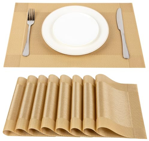 SueH Design Abwaschbar Tischsets 8er Set, Gewebte Platzsets 45x30cm, Gold | Waschbar Platz-Matten Vinyl Platzdeckchen, Rutschfest Abgrifffeste Hitzebeständig Antifouling, für küche Speisetisch Hotel