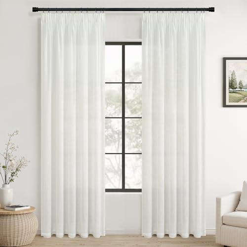 Topfinel 2 Stücke Leinen Gardinen Weiß 240x140cm Vorhänge mit Kräuselband Voile Vorhang Halbtransparent Schlafzimmer Wohnzimmer Modern Gardine für Schienensystem