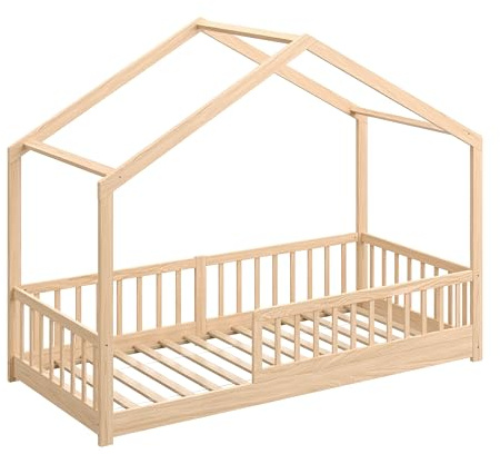 CADANI Malte Hausbett Natur 90x200 cm, Bodenbett Rausfallschutz abnehmbar, Kinderbett Umbaubar, Montessori Design, mit Roll-Lattenrost