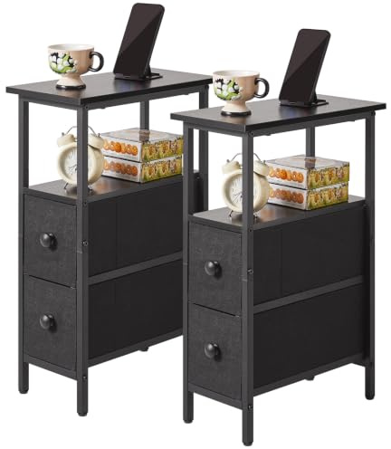 YMYNY Schmales Beistelltisch-Set, 2 Stück, schmaler Nachttisch mit 2 Stoffschubladen, nachtschränkchen für kleine Räume, beistelltisch Couch für Schlafzimmer und Wohnzimmer, Schwarz HST019B-2