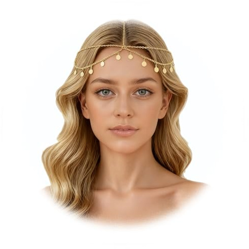 Kopfkette Gold Damen, Kopfschmuck Gold, Kopfschmuck Wahrsagerin, Boho Geschichtete Kopfkette, Golds Stirnkette Haarreif mit Paillettenanhänger für Hochzeiten, Bälle, Partys, Karneval