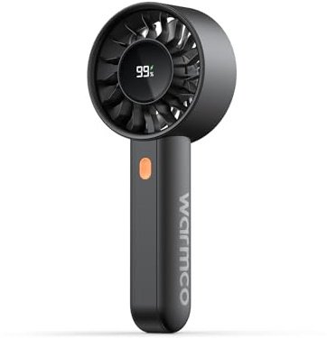 Warmco Ventilateur à Main Turbo Mini, 5000mAh, 4 Vitesses, Écran LED, Ventilateur de Poche Portable avec Base et Dragonne, Rechargeable USB pour Voyage, Maquillage, Bureau