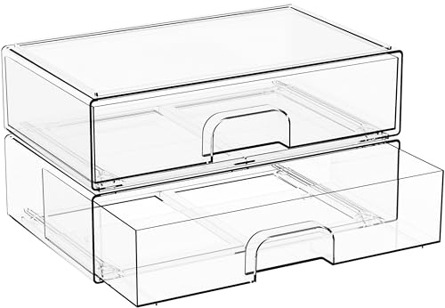 2 Pack Acrylic Drawer Organizer,12.2''W Clear Stackable Storage Drawers,Acrylic Boxes for Storage Makeup Palettes,Cosmetics,Pull Out Bathroom Storage Bins for Hair Products,Medicine Cabinet Organizer