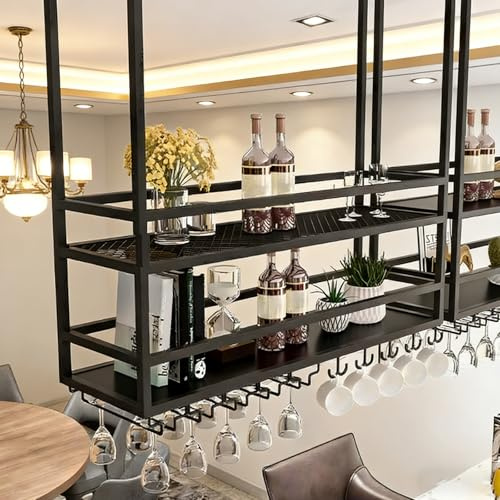 SPTZQURY Portabicchieri da Soffitto,portabottiglie da appendere in metallo, espositore da parete a 2 ripiani per vino, mensola decorativa da soffitto per bar, ristoranti, cucine (Black, 180cm)