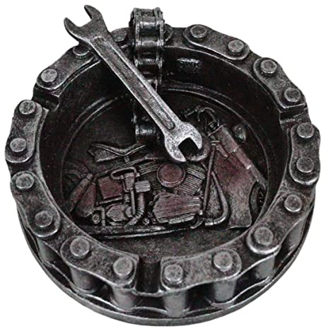 Ebros Gift Mechanic Biker Motorcycle Round Belt Chain With Wrench Tool Cigarette Ashtray Resin Figurine Smoke Shop Room Man Cave Indoor Outdoor Bar Decorative Accent