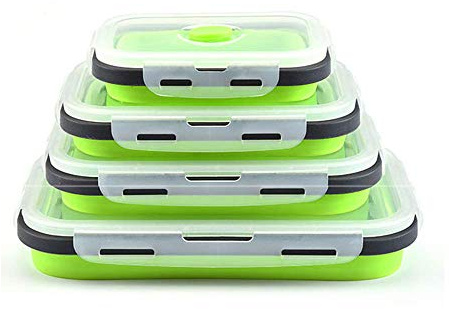 DUBENS Silikon Faltbare Frischhaltedosen 4 TLG, faltbar, für Lebensmittel Aufbewahren, Einfrieren und Erwärmen, Lunchbox/Bento, mikrowellen, spülmaschinen, gefrierschrank, ofenfest (Grün)
