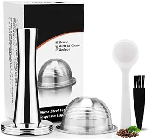 Refillable Coffee Capsules, i Cafilas Reusable Coffee Filter Capsules Compatible with Nespresso Vertuo + 1 Plastic Spoon + 1 Cleaning Brush with No 1 Coffee Stamp Petite Tasse + Tamper