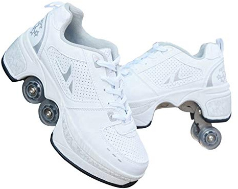 JTKDL Rollschuh Roller Skates Lauflernschuhe, Sneakers, 2in1 Mehrzweckschuhe Schuhe Mit Rollen Skateboardschuhe,Inline-Skate,Verstellbare Quad-Rollschuh Stiefel,Silver-33