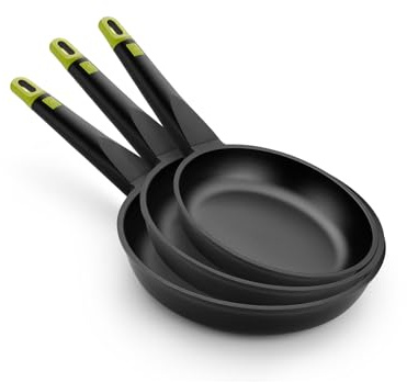 Bra Foodie Non-Stick Cast Aluminium Frying Pan Set of 3 - Black (18, 22 & 26cm). Small and Large Frying Pans for Induction Hob & Other Heat Sources. 100% Recycled Aluminium Induction Frying Pans.