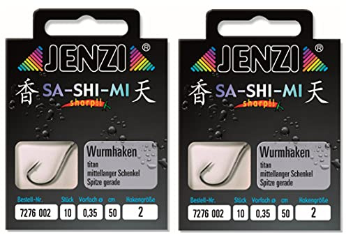 Set # 2 Packungen (20 Stück) Wurmhaken von Jenzi, fertig gebunden, Hakengrößen 2 4 5 6 8 10 12 14, 50 cm +gratis Petri Heil! Aufkleber