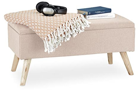 Relaxdays Panca con Contenitore, Imbottita, Gambe in Legno, Cassapanca Foderata, HLP 39,5x79,5x39,5 cm, Beige