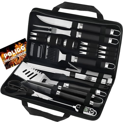 POLIGO 29 PCS BBQ Grill Accessories Stainless Steel BBQ Tools Grilling Tools Set with Storage Bag for Fathers Day Dads Birthday Presents - Camping Grill Utensils Set Ideal Grilling Gifts for Men Black