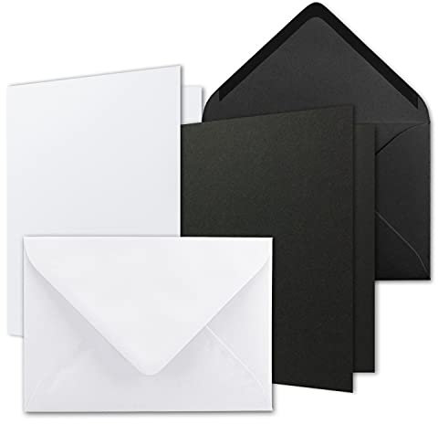 50x Karten-Set DIN B6 - Weiß - Schwarz - 12 x 17 cm Faltkarten mit Umschläge - 2 Farben - Nassklebung