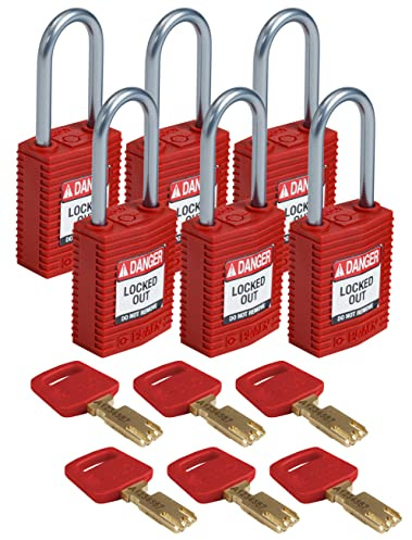 Brady (CPT-RED-38AL-KD6PK) Cadenas de condamnation SafeKey Compact Nylon avec anse en Aluminium 38.00 mm Rouge KD - Clé différente 6 Pièce(s)
