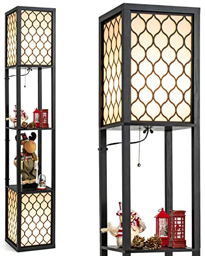 COSTWAY Lampadaire en Bois, Lampadaire sur Pieds avec Lumière en Haut et en Bas, 2 Base pour Lampe E27, Lampe sur Pied de Avec Etagères Pour Chambre et Salon, Noir
