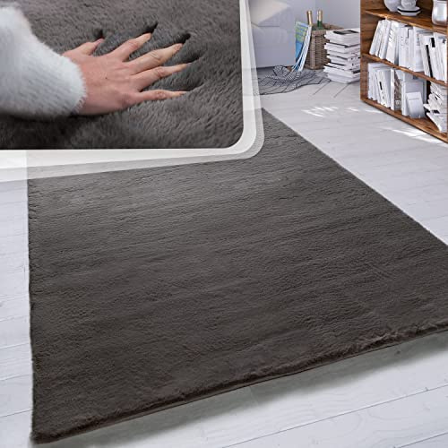 Paco Home Hochflor Teppich Wohnzimmer Schlafzimmer Shaggy Modern Flauschiger Fellteppich Weich Fell Imitat Kunstfell Einfarbig, Grösse:120x160 cm, Farbe:Dunkelgrau