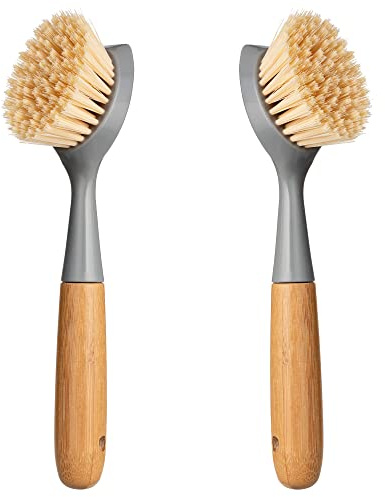 2 Pack Kitchen Dish Brush Bamboo Handle Dish Scrubber Built-in Scraper, Scrub Brush for Pans, Pots, Kitchen Sink Cleaning, Dishwashing and Cleaning Brushes are Perfect Cleaning Tools, Color-Gray | Scrub Brush for Pans, Pots, Kitchen Sink Cleaning, Dishwashing and Cleaning Brushes are Perfect Cleaning Tools, Color-Gray