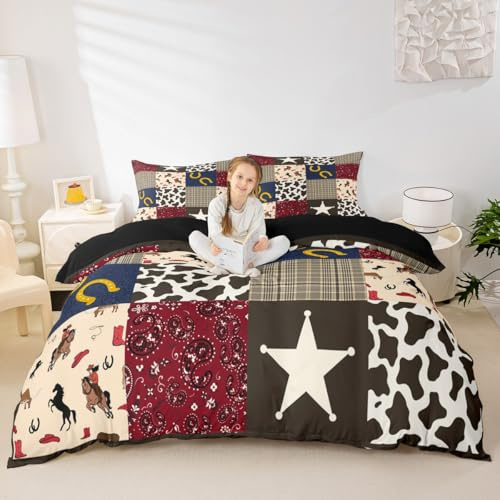 Western Cowboy Horse Duvet Cover Set Queen Size Cute Cowhide Geometric Grid Patchwork Bedding Set 3pcs Kids Teens Women Boys Rustic Farmhouse Animals Comforter Cover Star Horseshoe Quilt Cover,Brown