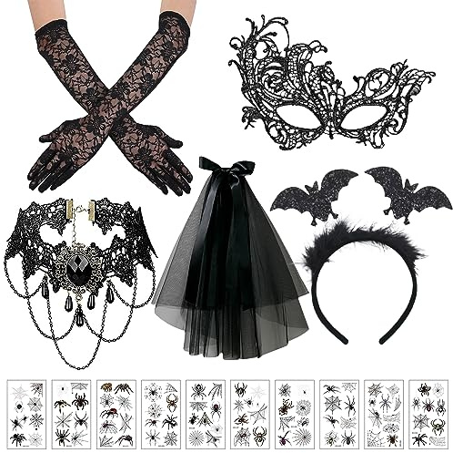 JOKILY Halloween Steampunk Damen Zubehör 5 Stück, Gothic Schwarze Spitze Handschuhe Halskette Augenmaske Tattoo-Aufkleber, Gothic Kostüm Zubehör für Fasching KostüM Hochzeit Maskerade Motto Party