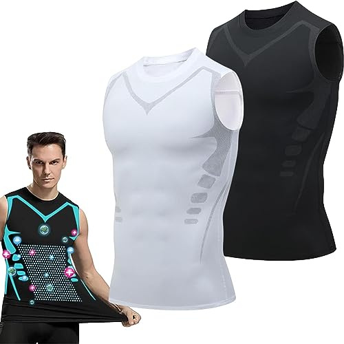 LIXQQS 2 Pezzi Gilet Modellante Ionico, Camicia a Compressione per Uomo Dimagrante Body Shaper Stretto Shapewear Gilet da Allenamento Canotte da Allenamento, Canottiera(D-White+Black,XL)