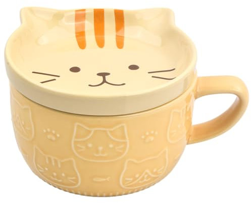 Daelesr Cartoon Ceramic Breakfast Milk Tea Mug, Cat Mug Cute Ceramic Coffee Cup 300ML, Animal Coffee Tea Cup Set with Lid Heatable for Birthday Festivals Gifts Girls Boys Teacher Friend (Yellow cat)