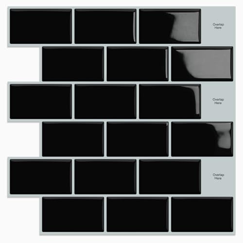 DEWOO Fliesenaufkleber Klebefliesen Selbstklebend Fliesen Schwarz 10 Stück | 3d,Metro,Fliesenfolie,Wandfliesen,Bad,Wand,Küchenwand,(30,5 x 30,5 cm)