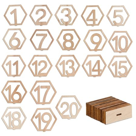 Relaxdays Tischnummern Hochzeit, Zahlen 1–20, HBT: 10x11x2,5 cm, Feste u. Gastronomie, Tischnummernschilder Holz, Natur