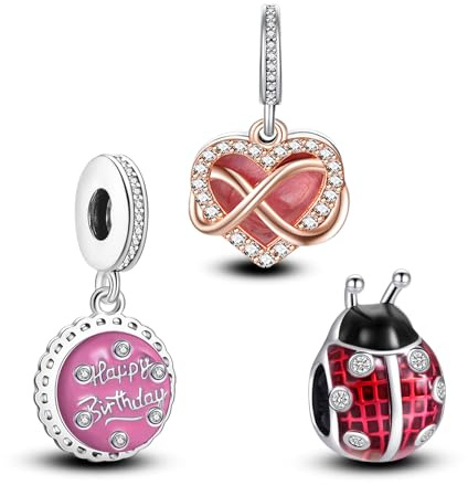 Annmors 925 Sterling Silber Bead Charms für Europäische Armbänder und Halskette Perlen Happy Birthday Ladybird Infinity mit 5A Zirkonia,Valentinstag,Muttertag,Geschenkanhänger Frauen 3-Stück