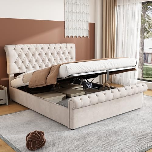 ModernLuxe Upholstered Double Bed 150 * 200, Double Bed Frames with Slatted Frame and Storage Space, Easy Assembly, Luxurious Velvet Button - Tufted Bed for Adults & Teenagers, Beige