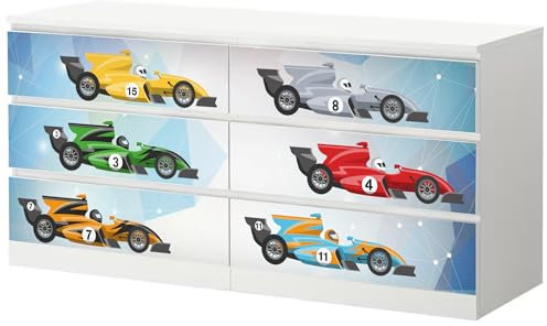 Sunnywall® Möbelfolie passend für IKEA Malm Kommode Schrankfolie Aufkleber mit Rennwagen Formel 1 Motiv | blasenfrei verkleben | Kinderzimmer 6er 160 cm