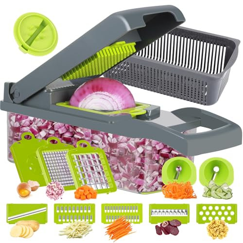 Ourokhome Chopper Vegetable Cutter, 14 in 1 Professional Mandolin Slicer for Kitchen, Food Dicer Zucchini Spiralizer for Potato, Tomato, Veggie, Onion with 10 blades and Strainer Basket (Grey)