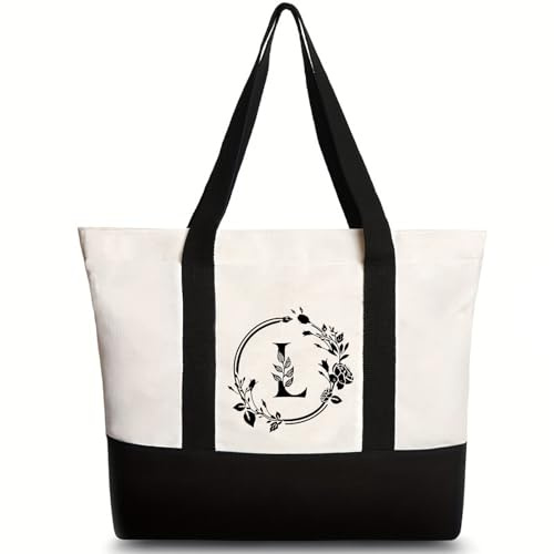 Canvas-Tragetasche mit Stickerei-Initiale, personalisierte Blumen-Buchstaben, bedruckte Tasche für Damen/Herren, wiederverwendbare Umhängetasche, Strandtasche für Alltag, Reisen,