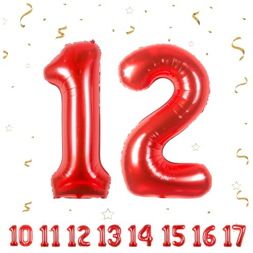 12 Geburtstag Deko zahlen luftballon 12 jahre | Folienballon Rot - für 12. Geburtstagsdeko Männer Frauen Ballon Zahl Deko zum Geburtstag fliegt mit Helium 12.Geburtstagsparty 40-101cm