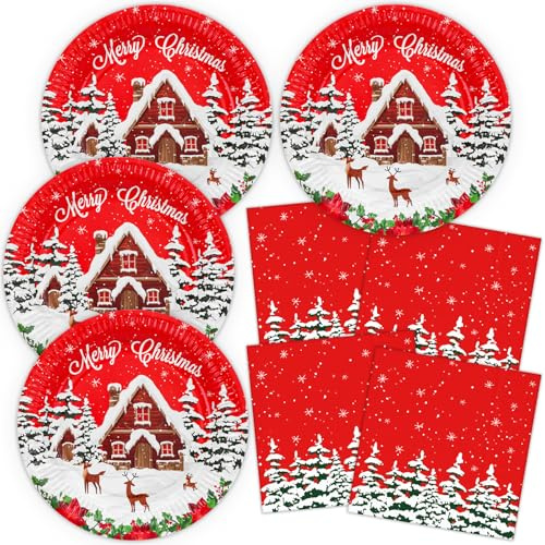 HNH Assiettes de Noël, Maison de neige Lot de 40 Serviettes en papier de table Vaisselle de fête jetables pour Noël