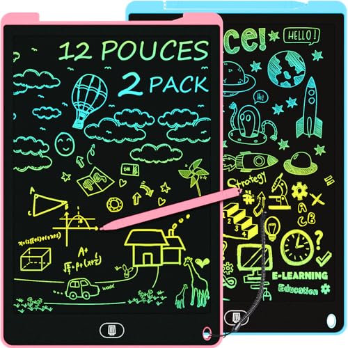 2 Pack Tablette Dessin Enfants 12 Pouces, Electight Tablette d'écriture LCD Colorée, Tablettes Graphiques avec Bouton D'effacement &Verrouillage, Jouets pour Filles Garçons Bleu+Rose