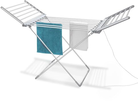 Fishtec - Elektrischer Wäscheständer Klappbar aus Aluminium - Beheizter Handtuchtrockner für Badezimmer - 18 Heizstäbe 230 W - 145 cm - Silber - Mit Timer